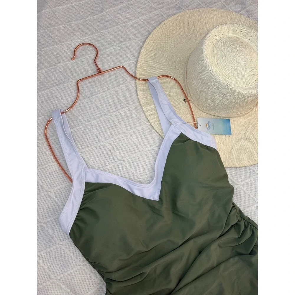 Eagerbuy Ruched One Piece Swimsuit‎ Criss Cross Back V Neck Bathing Suit Olive
